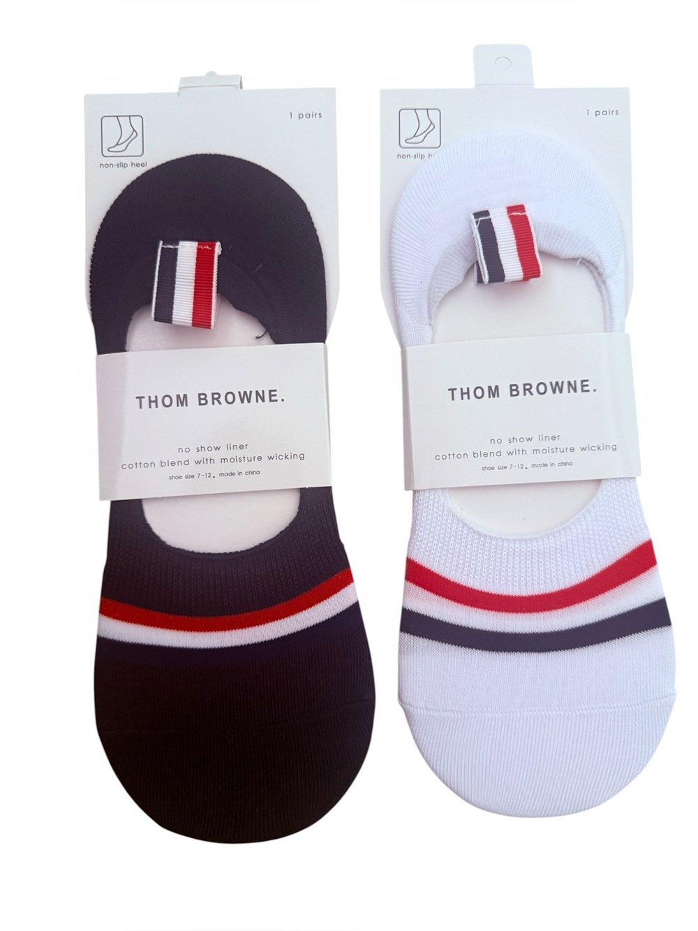2 Pair Thom Browne Outlet Men’s No-Show Liner Socks with Signature Stripe